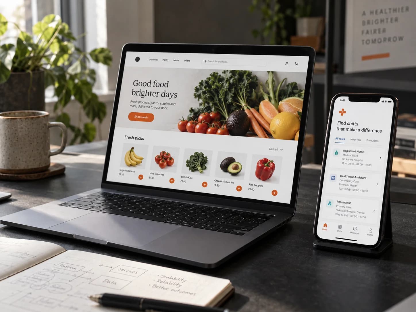 Conceptual scene of grocery e-commerce and healthcare marketplace apps on a laptop and phone