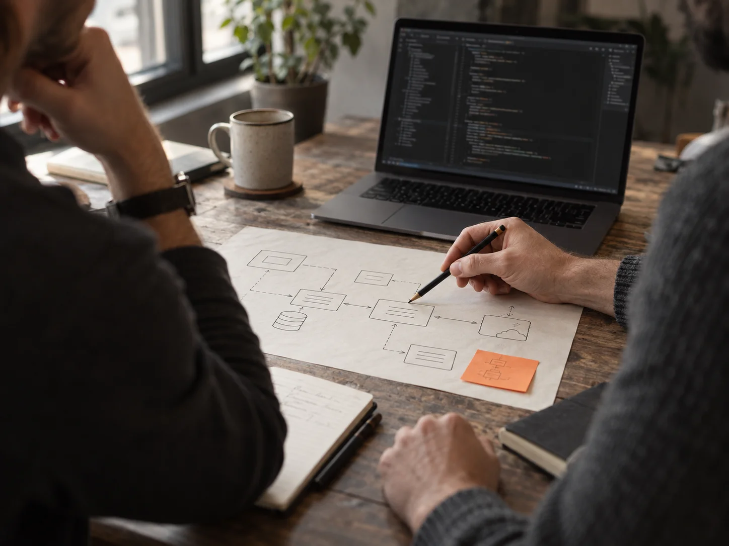 Two engineers reviewing a software architecture diagram beside a code editor
