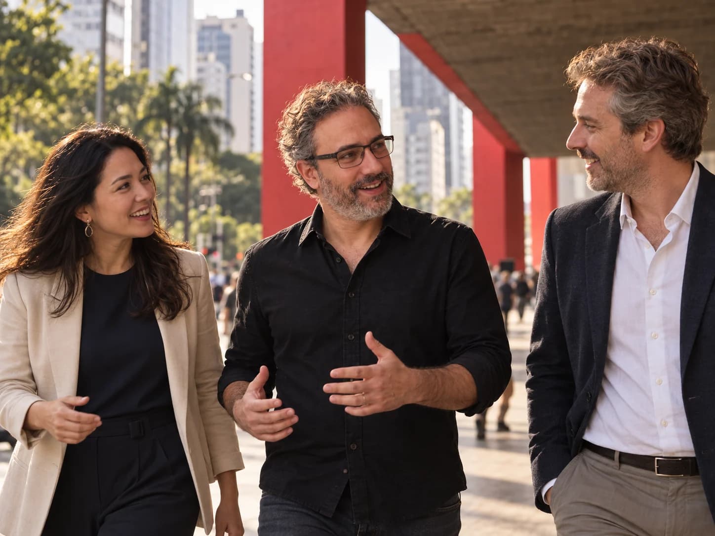 Filipe walking with international colleagues beneath MASP in São Paulo